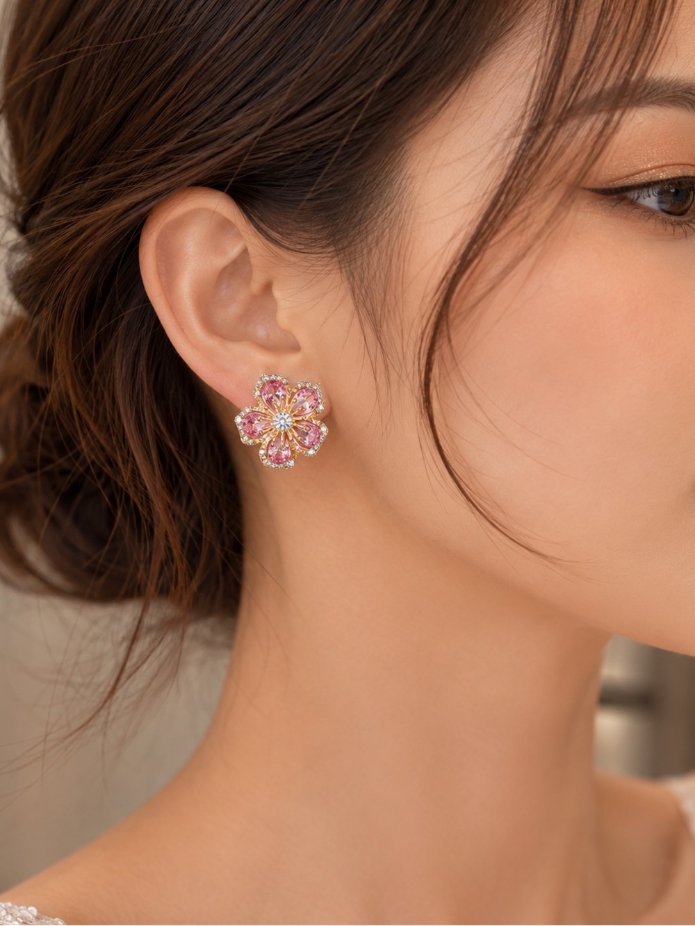 Pink Crystal Cherry Blossom Flower Stud Earrings |Gold Tone Floral Statement